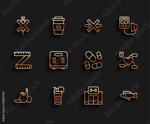 Set line Fruit, Fresh smoothie, No doping syringe, Gym building, Fish, Bathroom scales, Attention to health heart and Vitamin pill icon. Vector