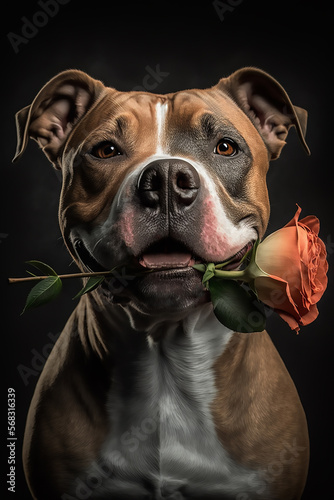 Portrait of a staffordshire terier dog holding a red rose in its teeth on a black background.