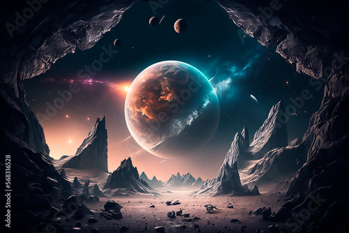 Fantastic landscape of alien planet with rocks, flying stones and glowing yellow and blue spots. Illustration of space and planet surface panorama for computer game background. Generative AI photo