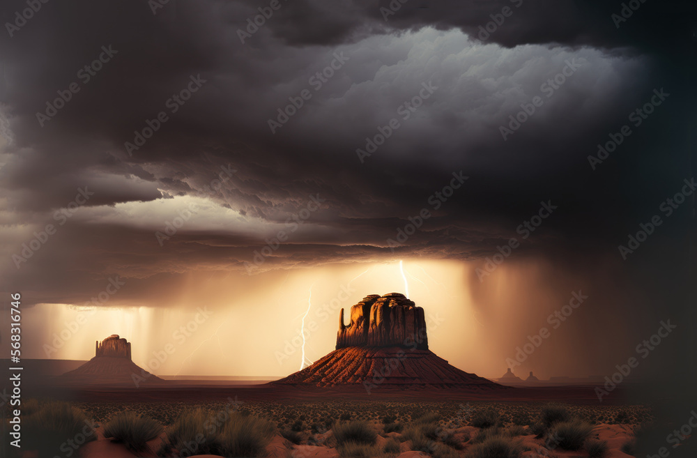 Storm over Monument Valley. USA. Heavy clouds over the rocks, and rain at sunset. Generative AI