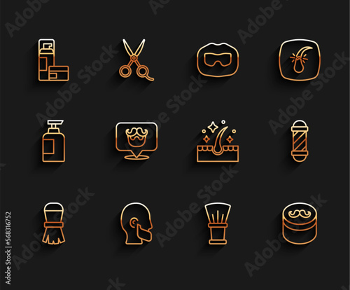 Set line Shaving brush, Mustache and beard, gel foam, Gel or wax for hair styling, Barbershop, Classic pole and Oil care treatment icon. Vector