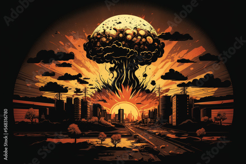 Illustration showing the threat of nuclear war including several explosions. Generative AI