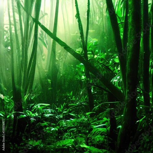 tropical forest with fog lights and gloom in the jungle generative ai illustration