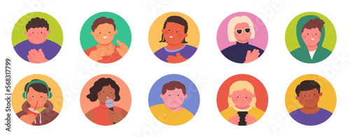 Modern various people in cartoon style. Funny portraits of characters in different positions.