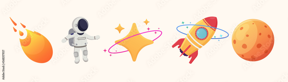 Space objects in cartoon style, comet asteroid, comet, star with ring, astronaut in space suit. Space objects in cartoon style, comet asteroid, comet, star with ring, astronaut in space suit.