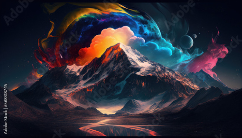 A fantasy mountain landscape on black for digital wallpaper, background, generative ai