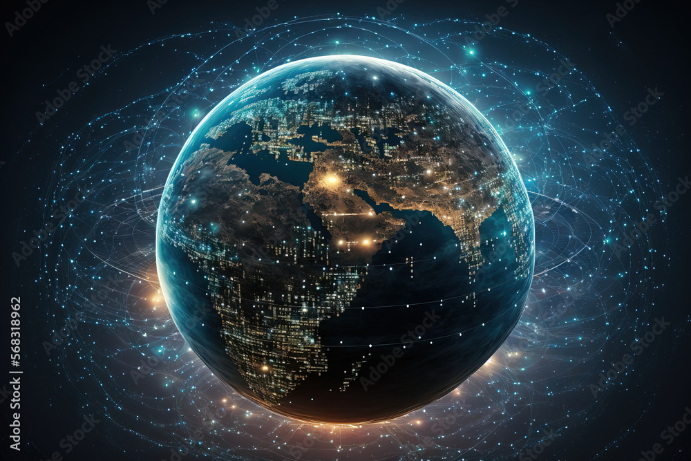 telecommunications technology for online commerce. cryptocurrency, blockchain, and IoT are all part of the global world network and communications on earth. This image's components were provided by NA