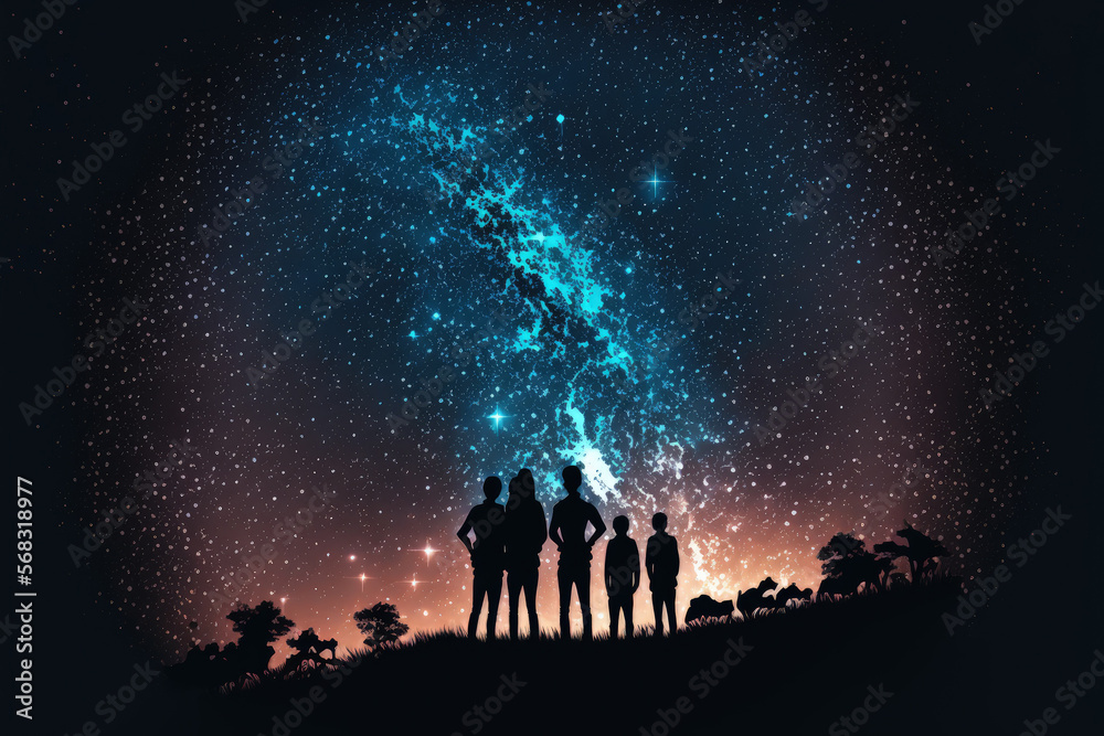 silhouette of people looking at the milky way. Generative AI