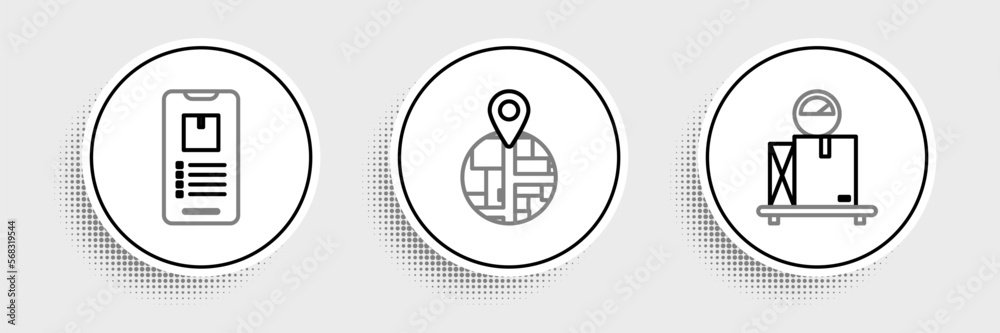 Set line Scale with cardboard box, Mobile phone app delivery tracking and icon. Vector Set line Scale with cardboard box, Mobile phone app delivery tracking and icon. Vector