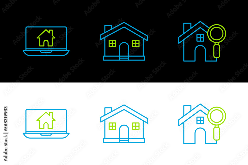 Set line Search house, Laptop and smart home and House icon. Vector Set line Search house, Laptop and smart home and House icon. Vector