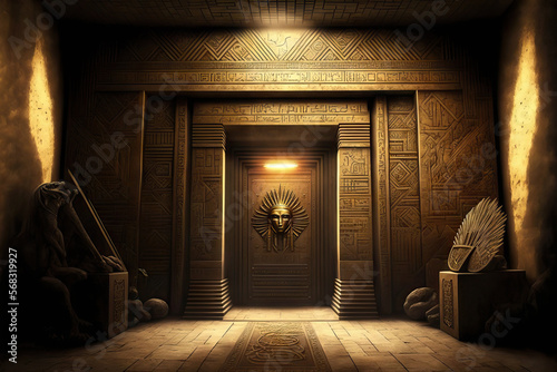 A hidden chamber with hieroglyphics on the walls inside an Egyptian pyramid is the King Tut tomb. Conceptual artwork for backdrops and wallpapers of Egyptian royal tomb interiors. Using only natural l photo