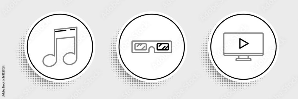 Set line Online play video, Music note, tone and 3D cinema glasses icon. Vector