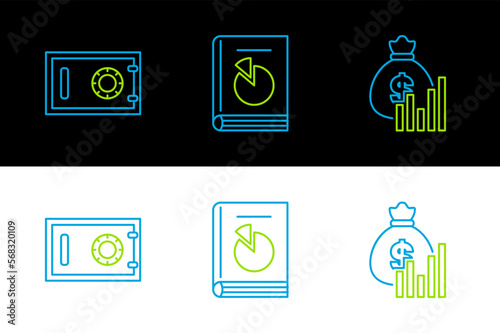 Set line Money bag and diagram graph, Safe and User manual icon. Vector