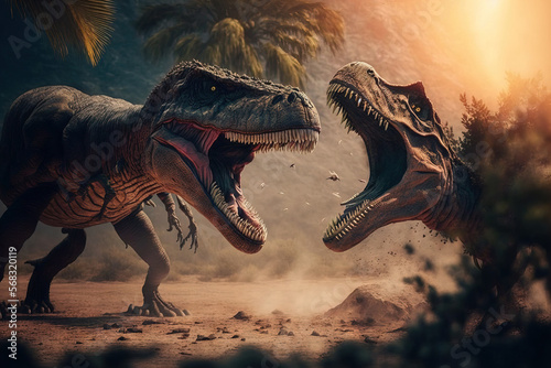 Spinosaurus and Tyrannosaurus Rex fight in the Jurassic Valley. This serves as an example. Generative AI