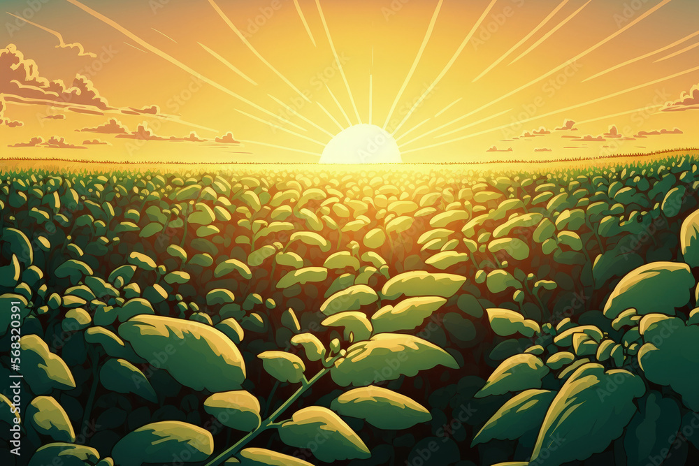Obraz premium Open soybean field at sunset.Soybean field . Generative AI