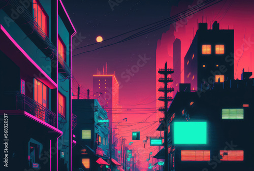 Retro neon city. Generative AI