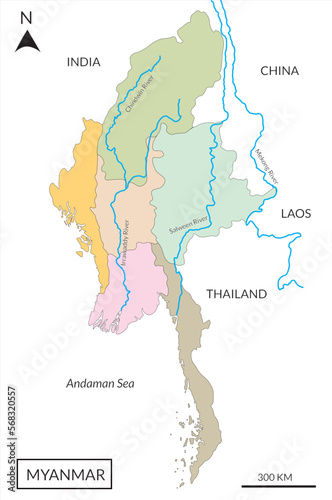 Map of Myanmar (Burma) administrative six regions with bored countries. 