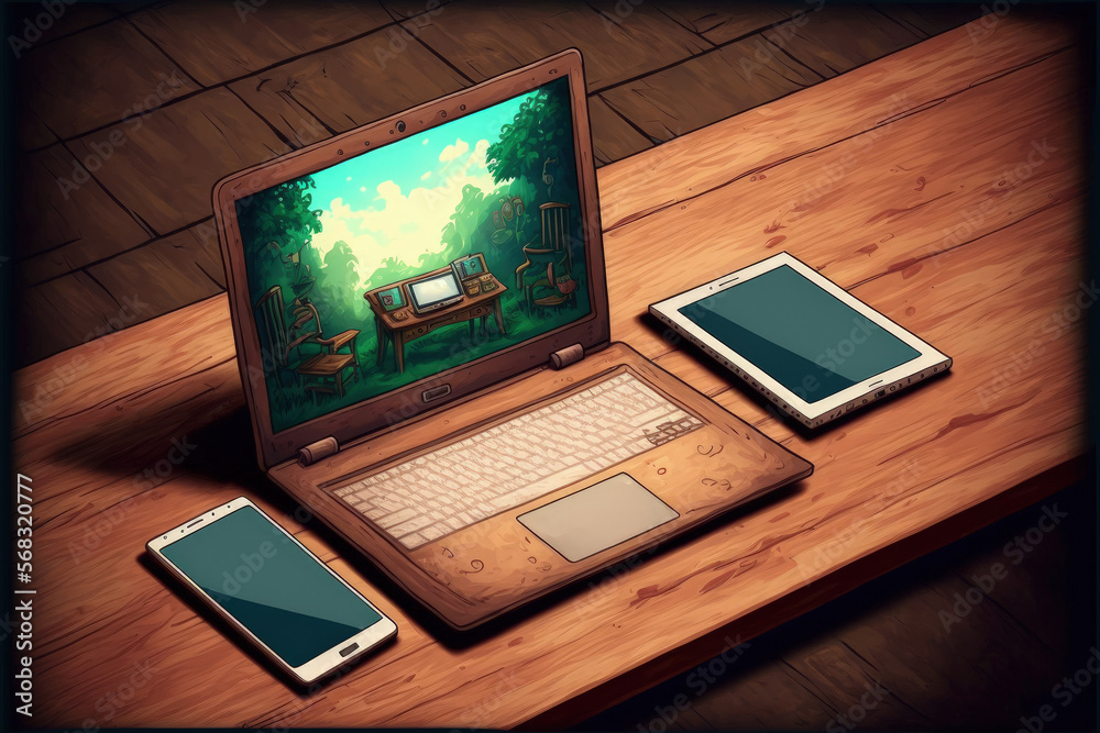 Open laptop, white smartphone, and digital tablet. On an ancient wooden desk with an isolated screen, all. Generative AI Open laptop, white smartphone, and digital tablet. On an ancient wooden desk with an isolated screen, all. Generative AI