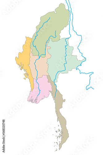 Map of Myanmar  Burma  administrative six regions with bored countries. 