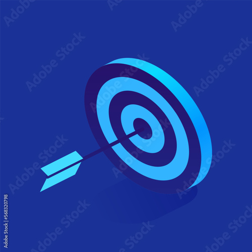 Blue target with arrow hit center icon in isometric view. Goal achievement, competition, motivation concept. Successful business, growth strategy. Vector illustration isolated on white background