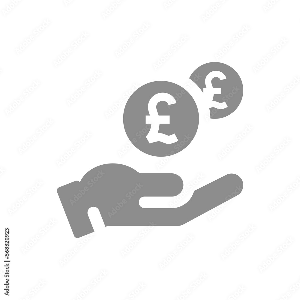 Human hand and money dropping British pound coin icon. Savings and payment concept vector fill symbol. Human hand and money dropping British pound coin icon. Savings and payment concept vector fill symbol.