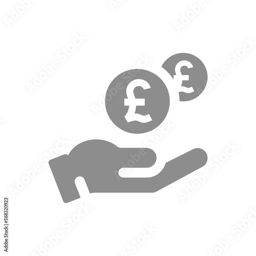 Human hand and money dropping British pound coin icon. Savings and payment concept vector fill symbol.
