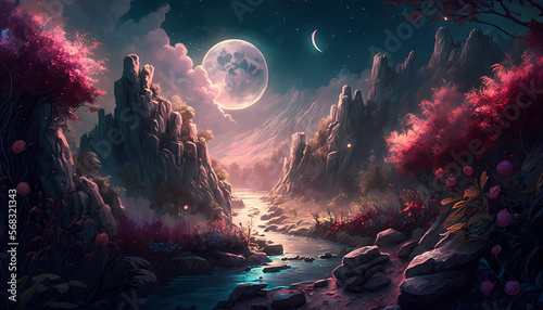 Moonlit Mountain Stream with Glowing Trees  Picturesque Landscape  Generative AI