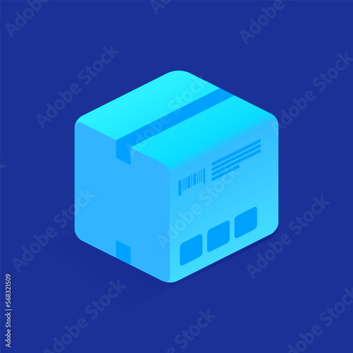 Blue closed postal parcel in cardboard box icon in isometric view. Delivery packaging box with fragile signs. Post transportation service concept. Vector illustration isolated on white background