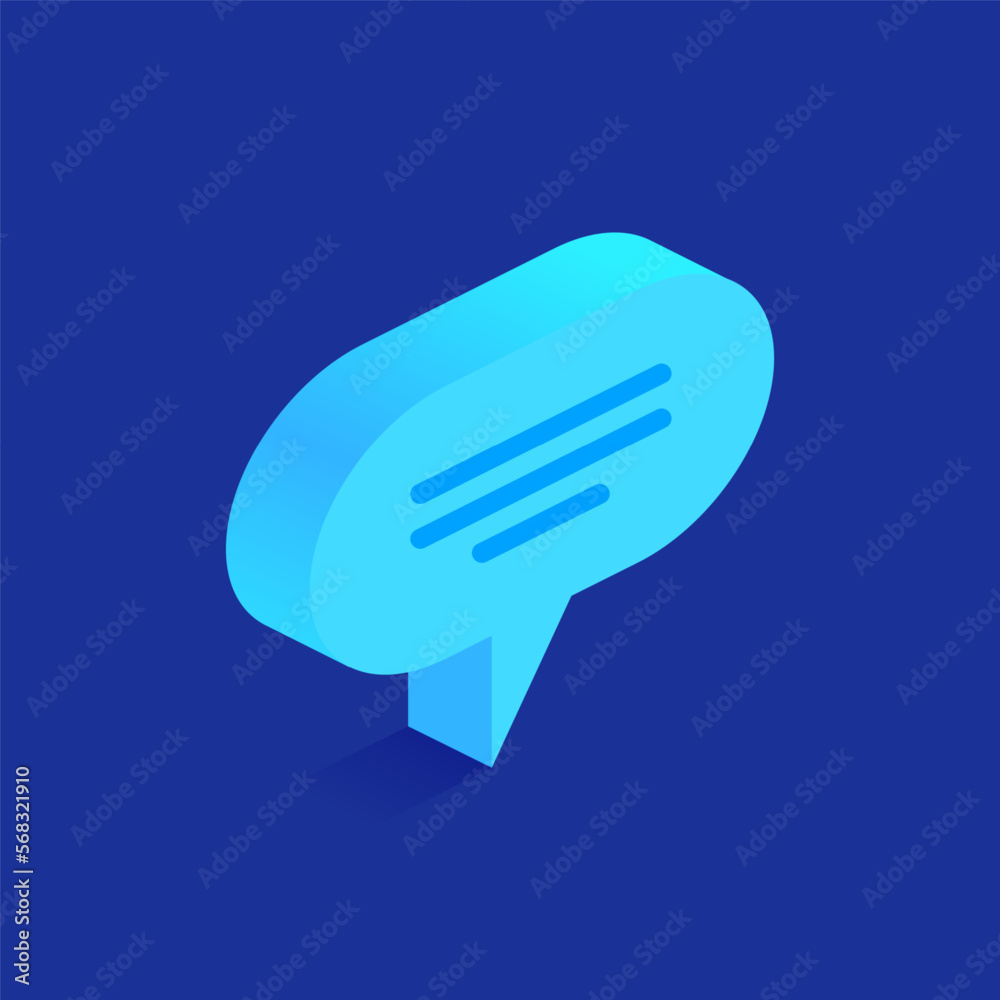 Blue speech bubble message with abstract text icon in isometric view. Online talking, communication, conversation, chatting, feedback, comment concept. Vector illustration isolated on white background Blue speech bubble message with abstract text icon in isometric view. Online talking, communication, conversation, chatting, feedback, comment concept. Vector illustration isolated on white background