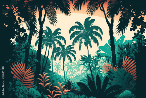 Wallpaper design with tropical trees and foliage . Generative AI