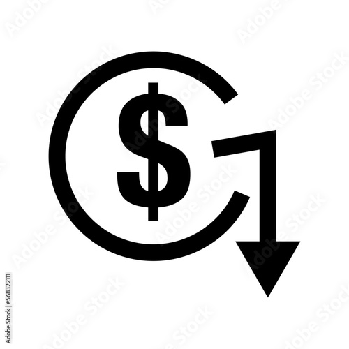 Cost reduction icon. A sharp drop in the dollar price. Decrease in dollar assets. Vectors.