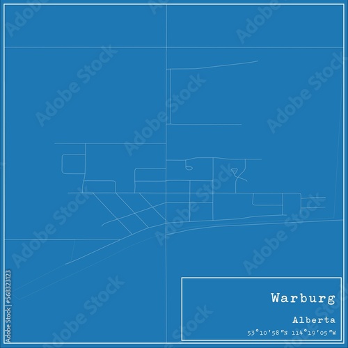 Blueprint Canadian city map of Warburg, Alberta.