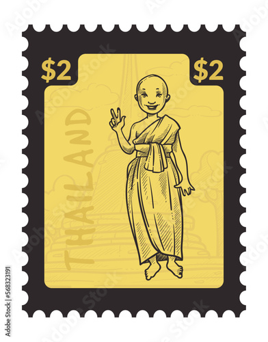 Thailand monk on postcard, postmark design vector