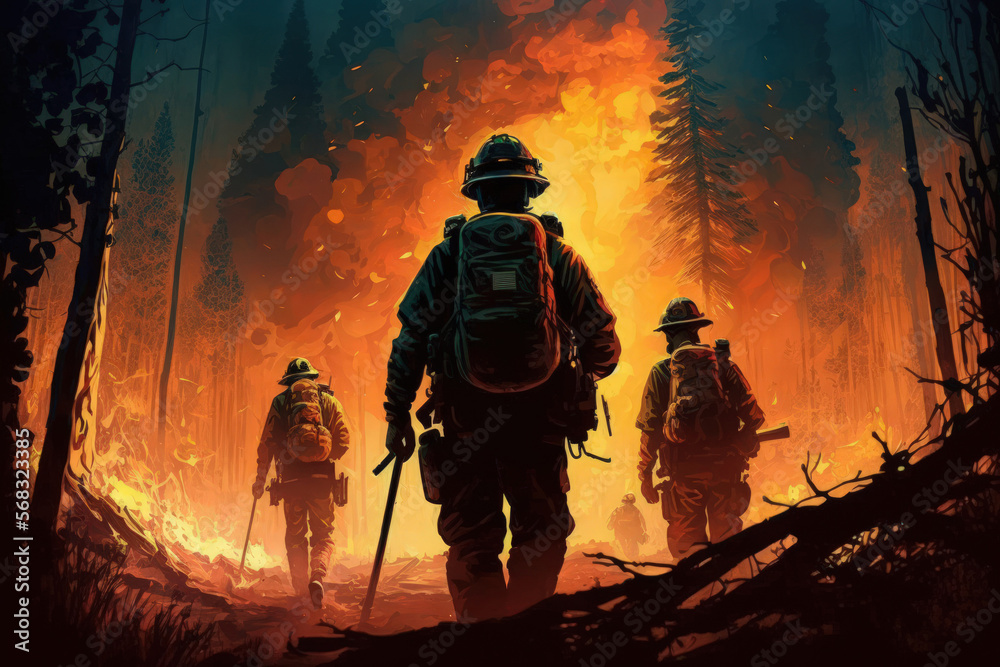 Obraz premium A wildfire is fought by firefighters. Generative AI