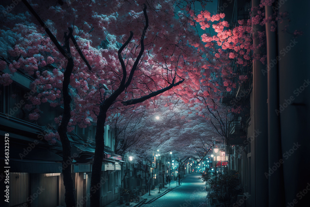 Fototapeta premium Tokyo's cherry blossoms at night. Generative AI