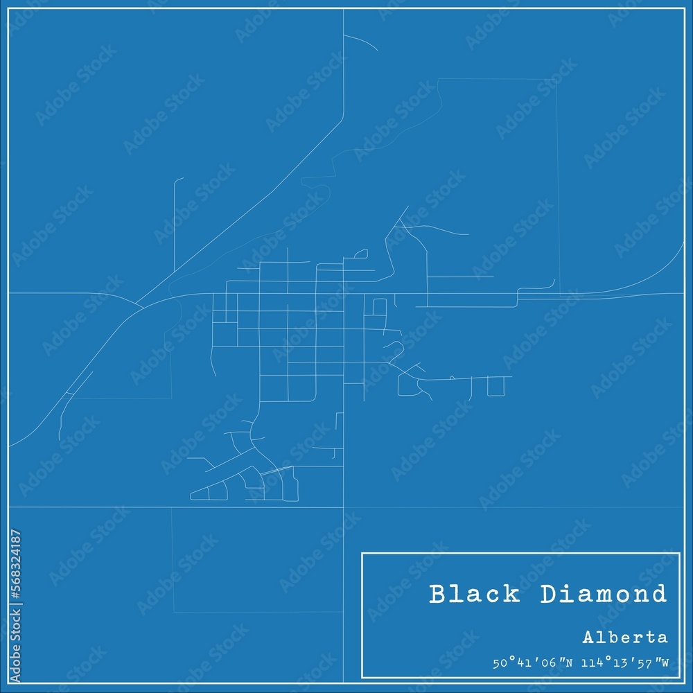 Blueprint Canadian city map of Black Diamond, Alberta.