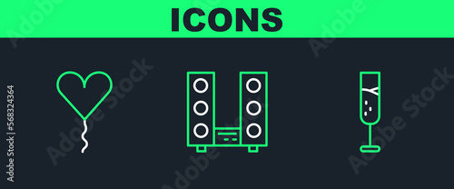 Set line Glass of champagne, Balloon in form heart and Home stereo with two speakers icon. Vector