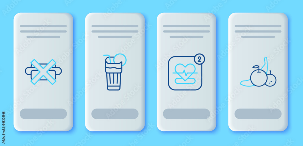 Set line Fresh smoothie, Mobile with heart rate, No junk food and Fruit icon. Vector