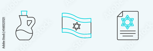 Set line Torah scroll, Bottle of olive oil and Flag Israel icon. Vector