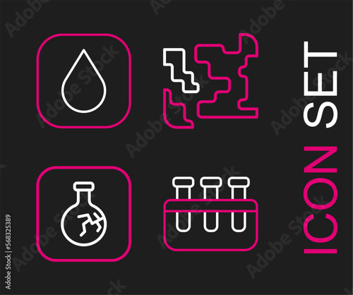 Set line Test tube and flask, Cracked, Gaseous and Water drop icon. Vector