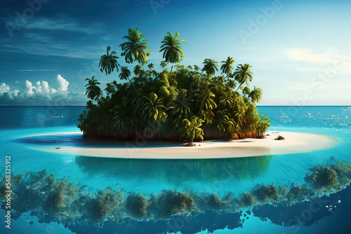 Within an atoll in the Indian Ocean is a whole tropical island. Wild and uninhabited subtropical island with palm trees. An island in the tropics with no sand. Generative AI photo