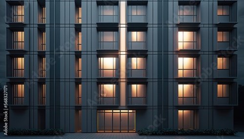 The facade of a modern office or apartment building features windows and balconies. generative ai