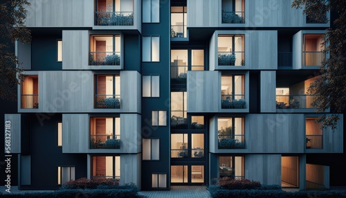 The facade of a modern office or apartment building features windows and balconies. generative ai