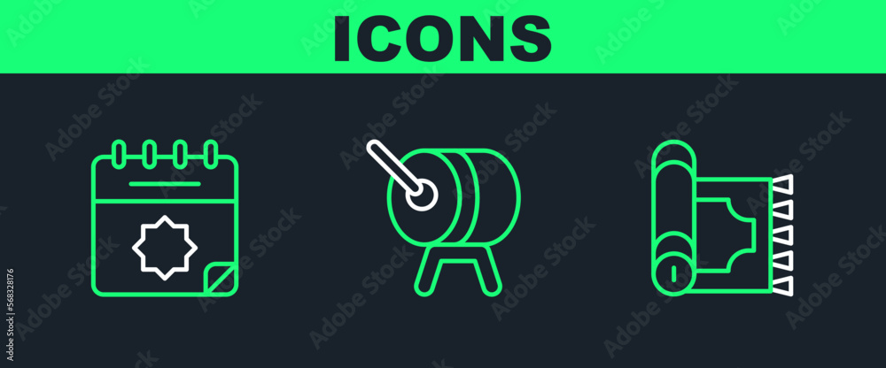 Set line Traditional carpet, Ramadan calendar and drum icon. Vector Set line Traditional carpet, Ramadan calendar and drum icon. Vector