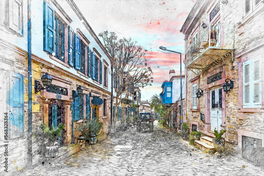 Fototapeta premium Colorful historical street view in Cunda Island of Ayvalik Town.