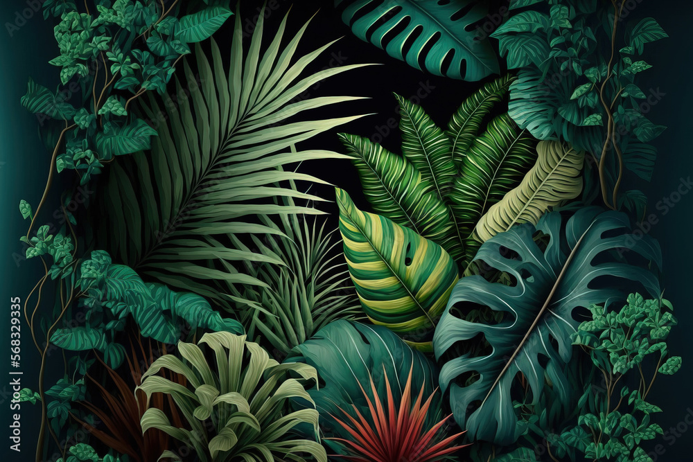 Fototapeta premium Wallpaper with trees and tropical foliage . Generative AI