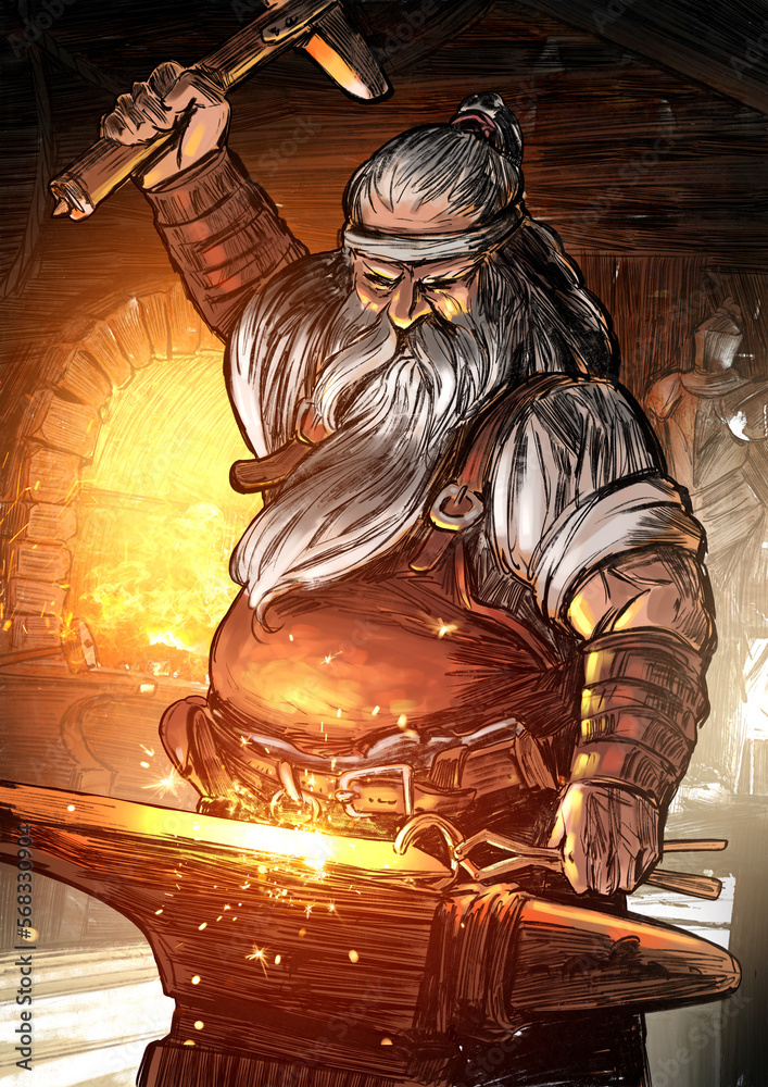 A brutal dwarf blacksmith forges a sword with a hammer, swinging for another blow with his hammer, he is pot-bellied and muscular with a long beard and hair, standing at the anvil in his forge. 2 art - obrazy, fototapety, plakaty 