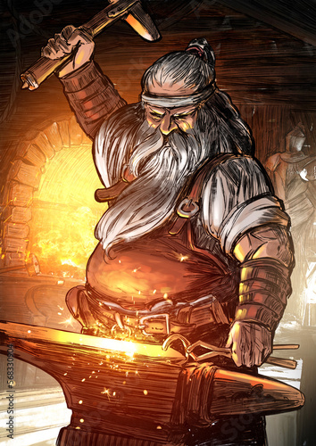 A brutal dwarf blacksmith forges a sword with a hammer, swinging for another blow with his hammer, he is pot-bellied and muscular with a long beard and hair, standing at the anvil in his forge. 2 art
