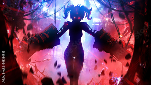 A beautiful and creepy cyborg girl is approaching with huge mechanical hands, pigtails on her voice and sinister look, she destroys everything around with kinetic energy distorting space. 2d anime art