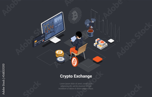 Blockchain Technology, Bitcoin, Altcoins, Trade By Cryptocurrency. Man Buy And Sell Crypto On Stock Market Exchange Services With Risk Management Strategy. Isometric 3d Cartoon Vector Illustration